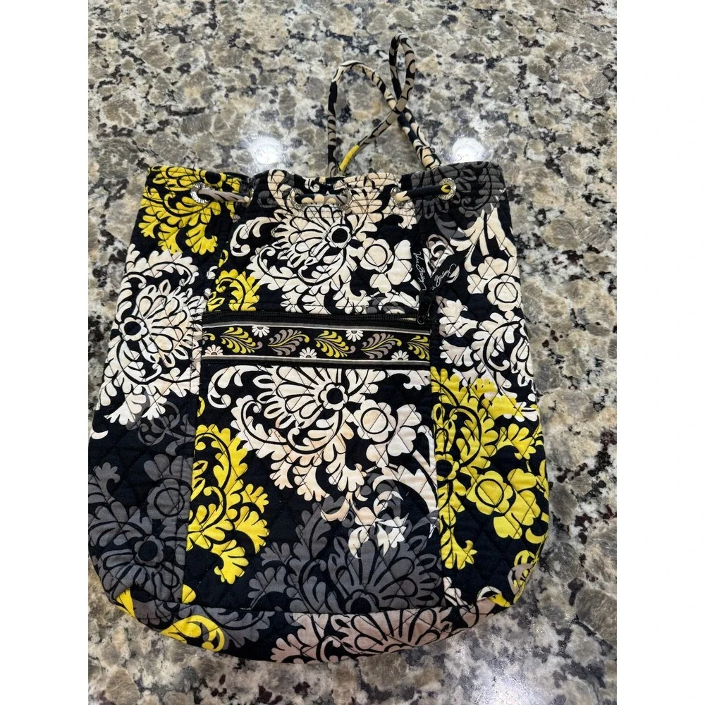 Vera Bradley Provencal‎ Quilted Drawstring Backpack Yellow Black Floral Damask
